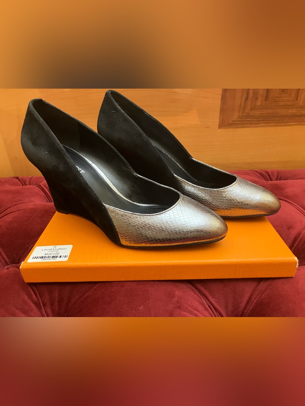 Women’s Two-Tone Black Suede and Metallic Silver Pointed Wedge Pumps